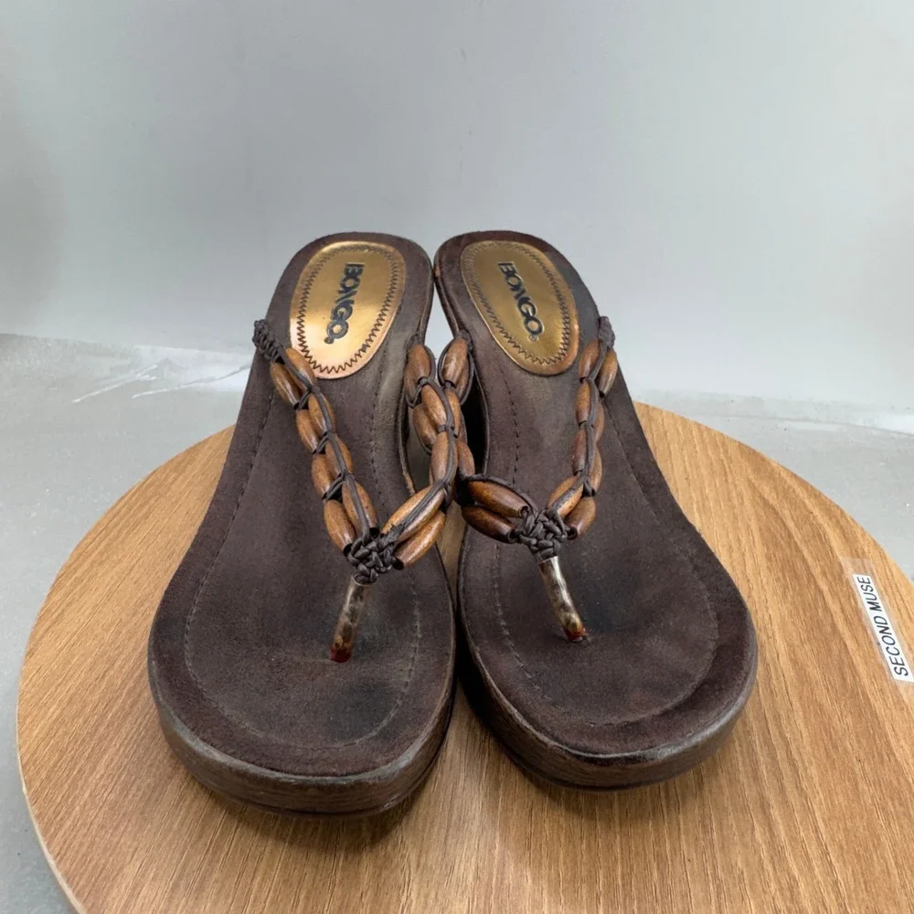 Bongo Wedge Platform Sandals Brown Beaded Y2K Boho Bohemian Summer Thong Heels